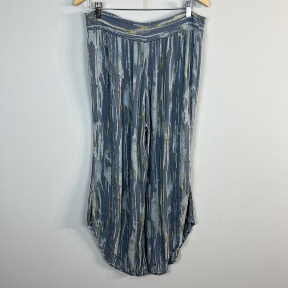 Free People‎ Pants Womens Large Gray Blue Yellow Abstract Wide Leg Boho Lounge - Picture 1 of 15